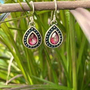 Sterling Silver Pear-Shaped Earrings With Dark Pink Stone